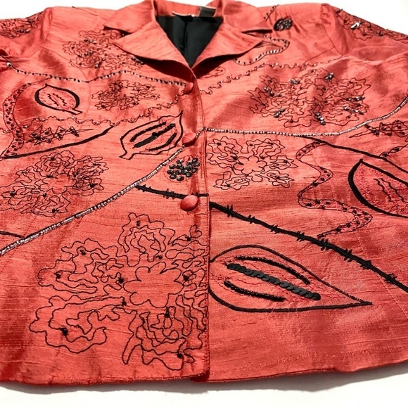 Orange Silk Button-down Blazer Jacket Top Large Artsy Beaded - Picture 6 of 15